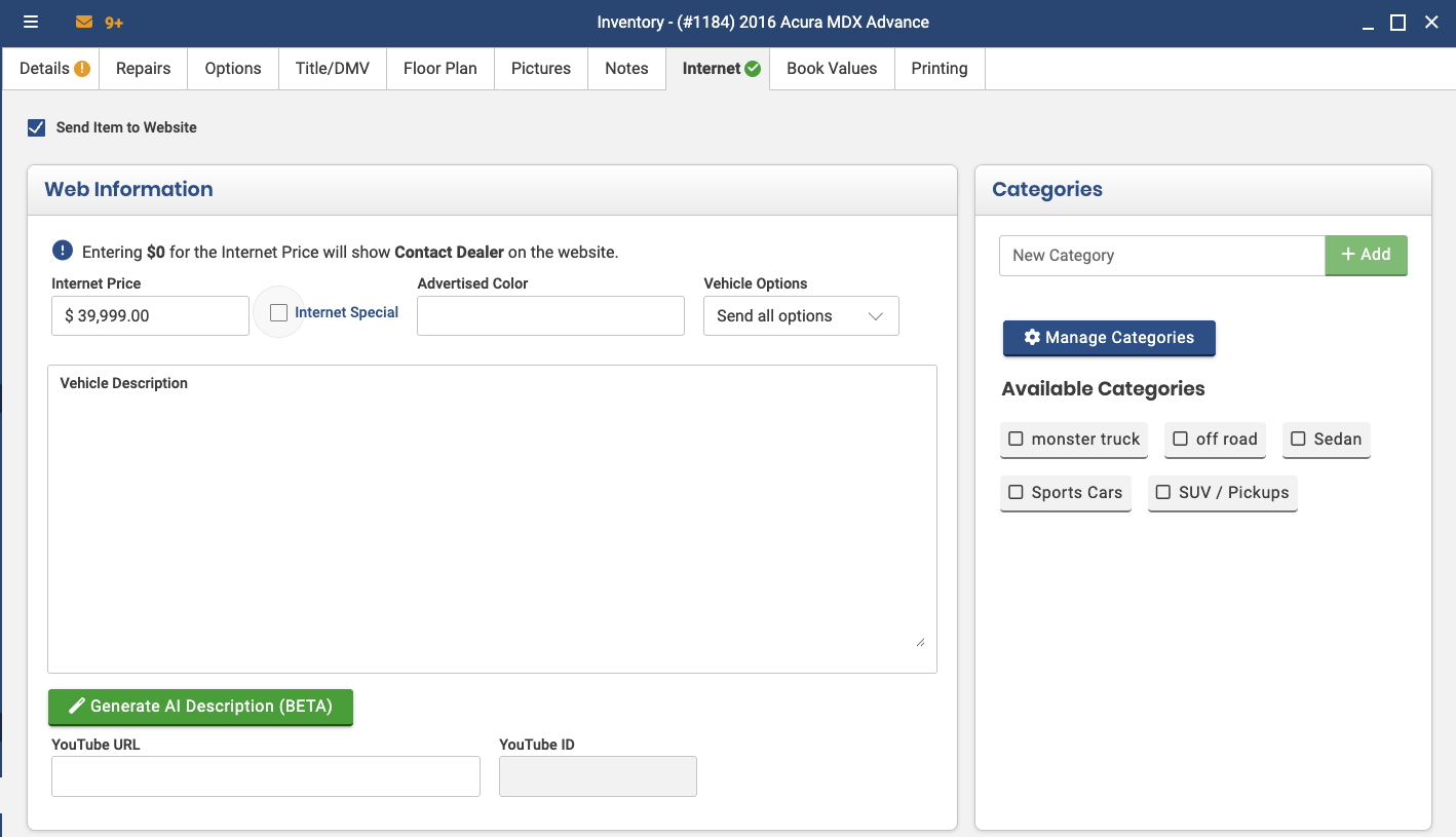 The Internet Price field in the DMS inventory screen