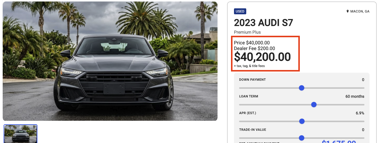 A vehicle detail page showing Price $40,000, Dealer Fee $200, and an all-in total of $40,200