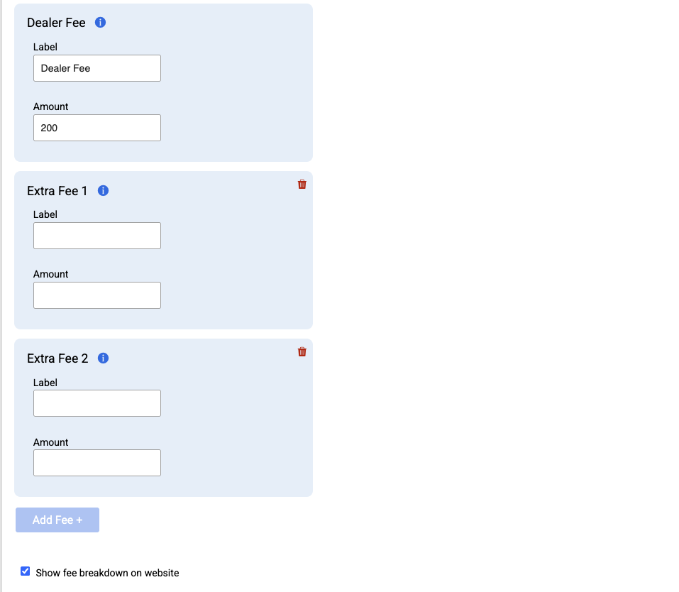 Company Settings showing Dealer Fee plus Extra Fee 1 and Extra Fee 2 fields and the Show fee breakdown on website checkbox